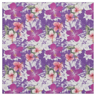 Tissu Hibiscus imprimé à fleurs violet rose blanc et ver