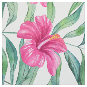 Tissu hibiscus rose avec motif tropical feuille vert