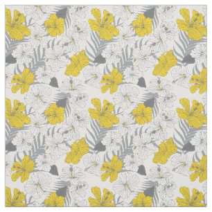 Tissu Hibiscus tropical Jaune floral et gris
