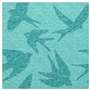 Tissu Hirondelles de Japonais en vol, turquoise et Aqua