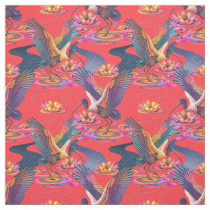 Tissu Ibis céleste et étang Lily sur le rouge corail