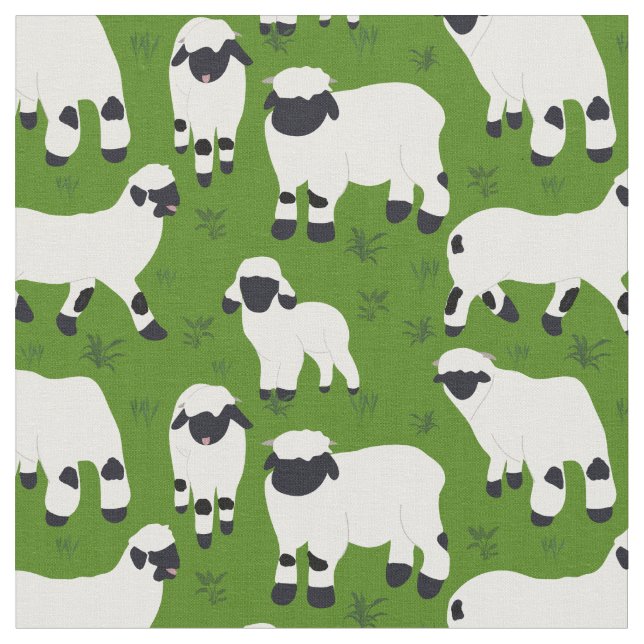 Tissu Illustrations de moutons bleus du Valais sur vert (Fermer)