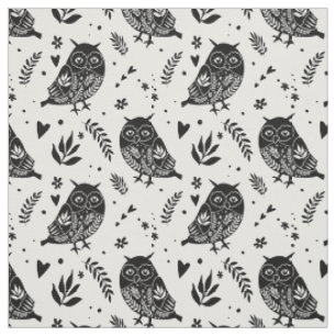 Tissu Impression d'hibou noir et blanc d'art populaire r