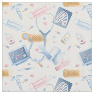 Tissu Infirmière aquarelle   Dr Médicale Collage bleu 