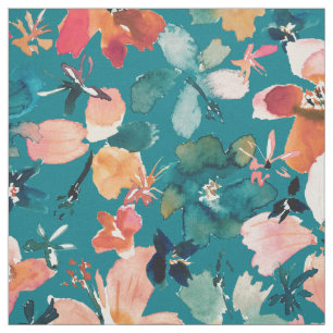 Tissu ISLAND TIME Aquarelle Flore tropicale sur Turquois