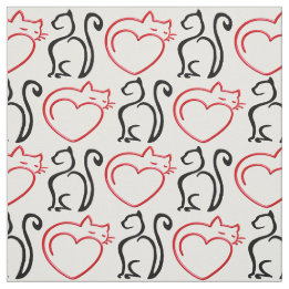 Tissu J'aime des chats ! (Contours noirs et rouges sur