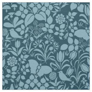 Tissu Jardin avec oiseaux et papillons, bleu paon