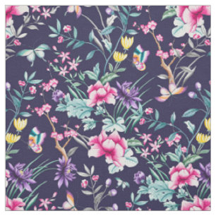 Tissu Jardin de fleurs Vintages Bleu de papillon arc-en-