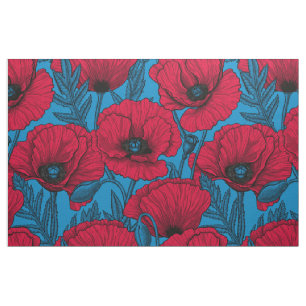 Tissu Jardin de pavot rouge sur bleu