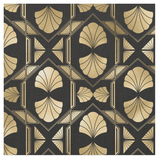 Tissu Jaune Gold et Black Art Déco Shell Motif (Fermer)