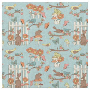 Tissu Joli Cottagecore Oiseaux et animaux Bleu clair