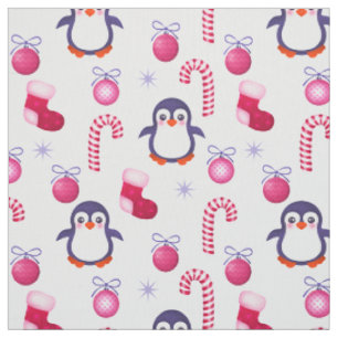 Tissu Joli Motif de Noël rose et blanc avec des pingouin