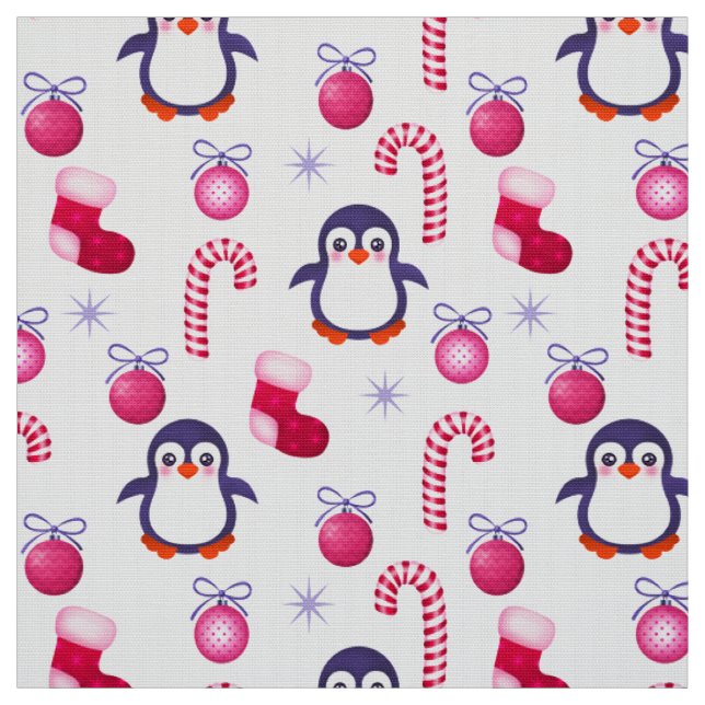 Tissu Joli Motif de Noël rose et blanc avec des pingouin (Échantillon)