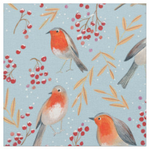 Tissu Joli motif de rouge-gorge oiseaux de Noël hiver bl