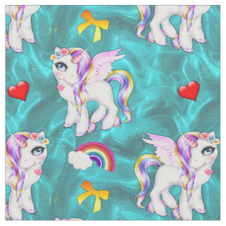 Tissu Jolie licorne arc-en-ciel sur Aqua