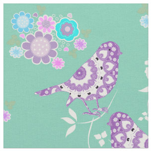 Tissu Jolies Fleurs Coeurs Et Oiseaux Motifs