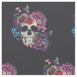 Tissu Jour du crâne mort avec des fleurs