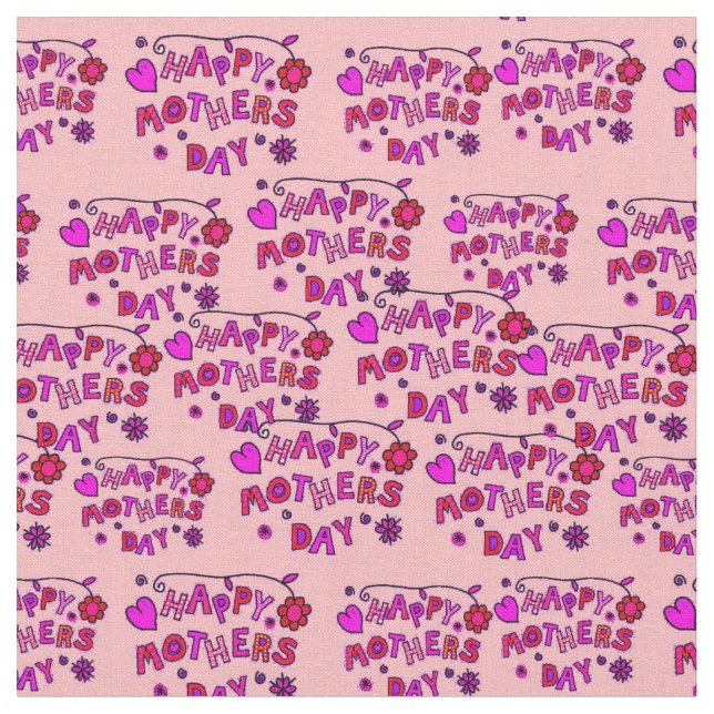 Tissu Joyeux Mothers Day Words Texte Enfants rose Fleur (Fermer)