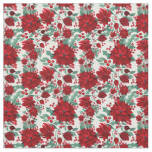 Tissu Joyeux rouge Poinsettia Fleurs Feuilles ivoire Aqu