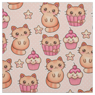 Tissu Kawaii Cute Cats and Cupcakes Motif rose