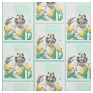 Tissu Keeshoned in Tulips Peinture Cute Original Dog Art