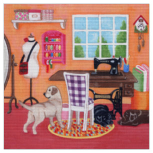 Tissu Labradors dans la pièce de couture de la maman
