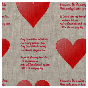 Tissu L'amour est comme une rose rouge poème et coeur