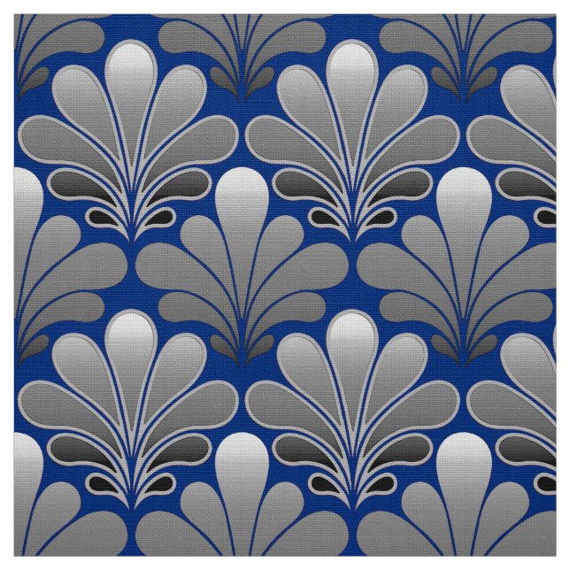 Tissu L'art déco Shell bleu modèlent, d'argents et de (Échantillon)