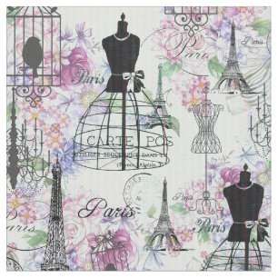 Tissu Le cru barre le rose de collage de Tour Eiffel