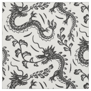Tissu Les dragons japonais bloquent l'impression noir et