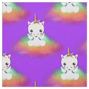 Tissu Licornes de nuage d'arc-en-ciel sur le pourpre