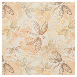 Tissu Ligne art libellules oiseaux fleurs pêche motif