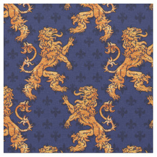 Tissu Lion médiéval Blue Fleur de Lis d'or
