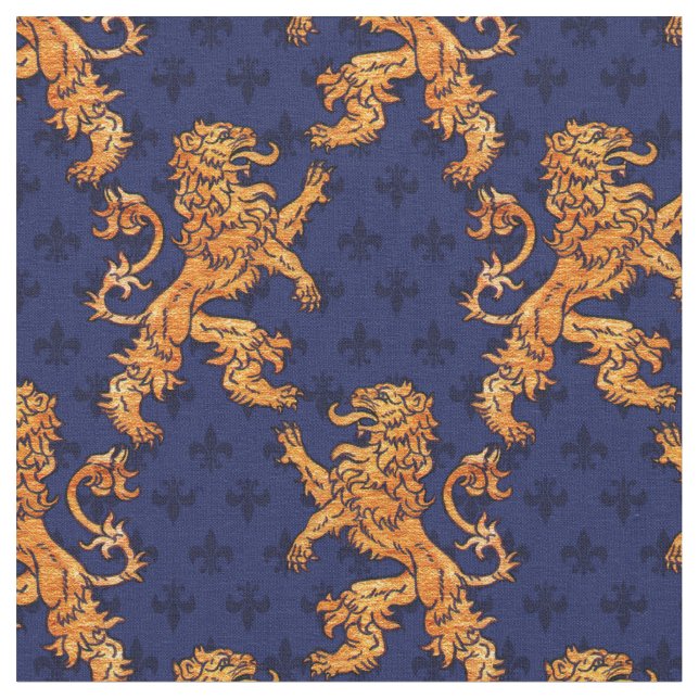 Tissu Lion médiéval Blue Fleur de Lis d'or (Fermer)