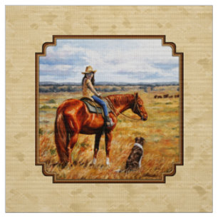 Tissu Little Cowgirl on Cattle Horse Yellow