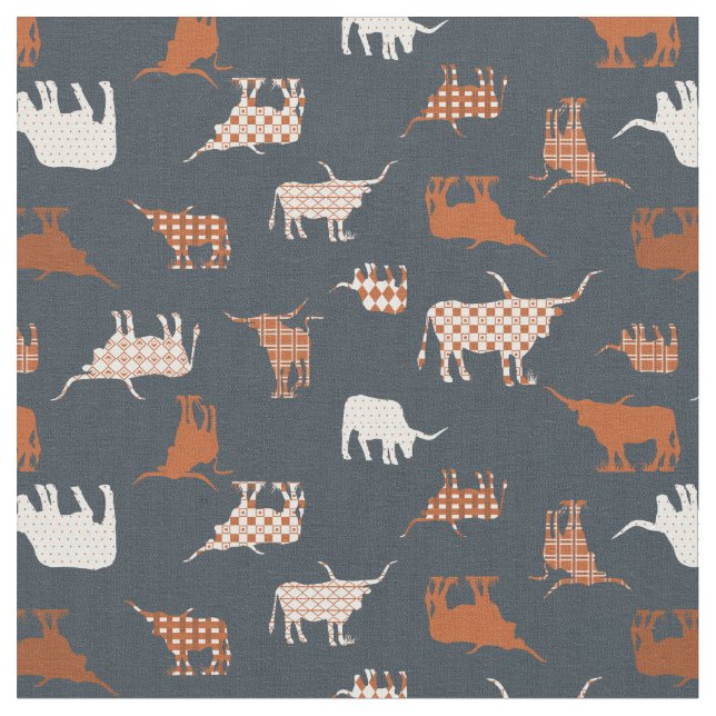 Tissu Longhorns à motifs Gris foncé et orange brûlé (Fermer)