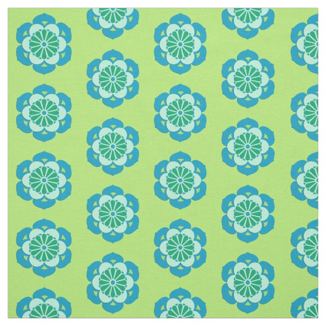 Tissu Lotus Flower Print, Lime Green et Light Blue (Échantillon)