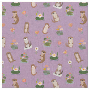 Tissu Loutres et nénuphars sur fond violet clair