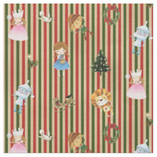 Tissu Magicien d'Oz à Noël rayé rouge/vert/crème