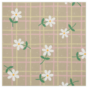 Tissu Marguerites sur Carreaux Marron (grande échelle)