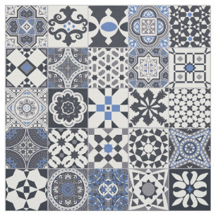 Tissu Marocain en tuiles noir,bleu,gris