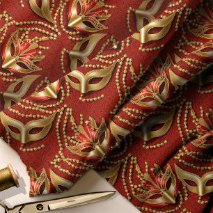 Tissu Masquerade Motif perles Masques Rouge Gold ID1031