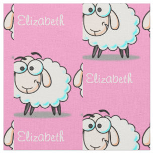 Tissu Mignonne Motif de mouton avec un nom en rose