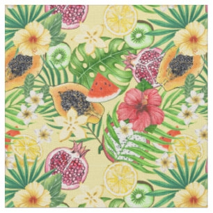 Tissu Mix-fruit tropical, fleurs et feuilles sur jaune