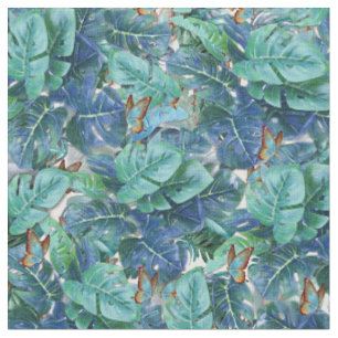 Tissu Monstera bleu turquoise Feuilles et papillons