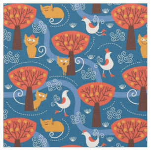 Tissu motif avec les chats et les oiseaux mignons