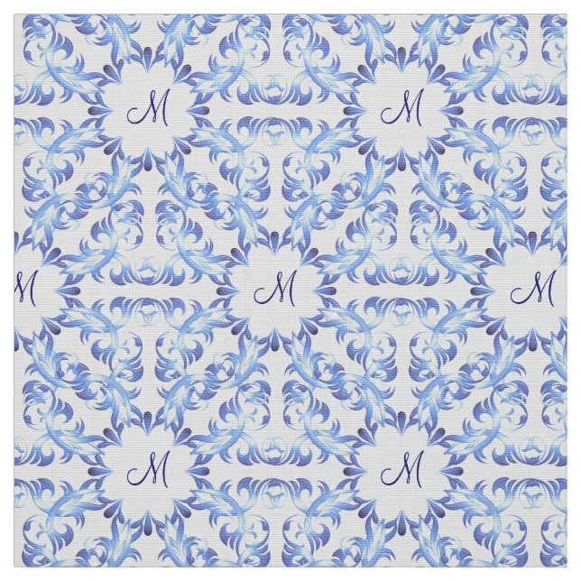 Tissu motif bleu de damassé. monogramme (Échantillon)