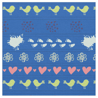 Tissu Motif bleu rétro d'oiseaux, de points, de pas,