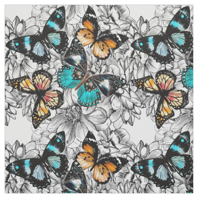 Tissu Motif coloré de croquis de papillons floraux (Échantillon)