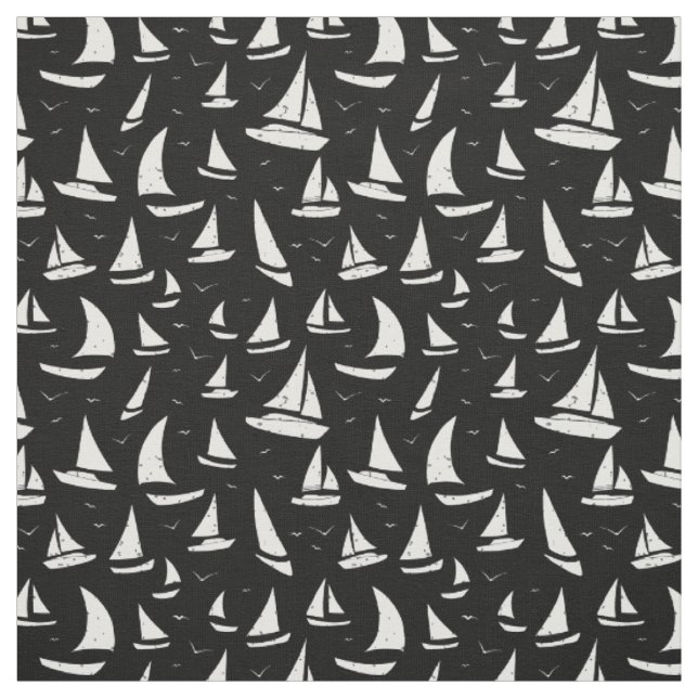 Tissu Motif de bateaux à voile et mouettes noir blanc (Échantillon)